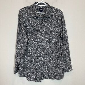 Lands' End Button Up Shirt Women's XL Gray Floral Long Roll Tab Sleeve Stretch